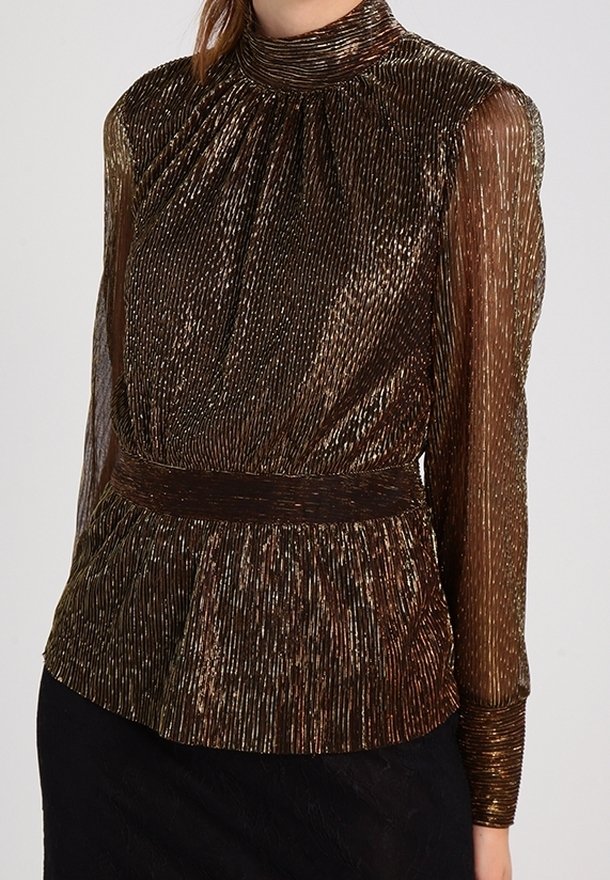 Blusa metallizzata plissettata in marrone scuro con maniche lunghe trasparenti e collo alto; presenta una vita aderente e dettagli testurizzati sulla superficie.