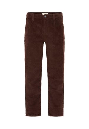 Pantaloni di velluto a coste marroni con una finitura strutturata, dotati di chiusura con bottone e passanti per cintura. Design a gamba dritta con tasche.