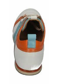 White leather shoe with orange and light blue accents, a rounded back, and a blue pull tab. Smooth texture and stitched details visible.