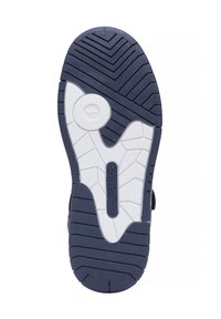 Schuhsohle mit einer dunkelblauen Gummibasis und weißen Akzenten. Das Profil hat ein Zickzackmuster, und ein kreisförmiges Markenzeichen ist sichtbar.
