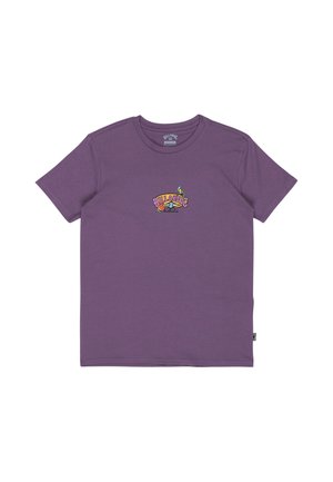 Purple short-sleeve T-shirt with a small colorful "Billabong Australia" logo featuring a parrot and tropical plants centered on the chest.