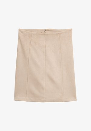 Beige Kunstwildlederrock mit einer glatten Textur, geradem Schnitt und einem Reißverschluss auf der Rückseite. Mit vertikalen Nähten für Designakzente.