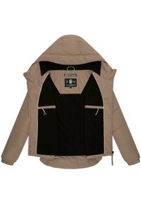 Pudeblæsser i beige med hætte, med en sort indvendig, hvid piping og to indvendige lommer. Lynlåslukning. Glat tekstur.