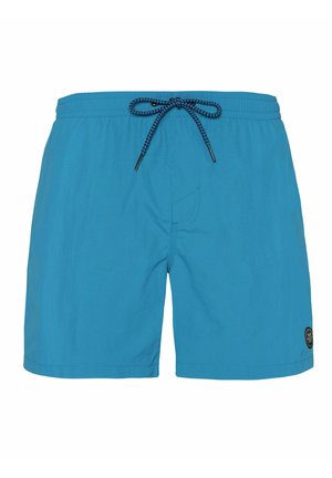 Blauwe zwembaden met een elastische tailleband en zwarte trekkoord. Heeft een klein logopatch aan de onderkant aan de linkerzijde. Zacht, lichtgewicht stof.