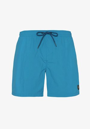 Blauwe zwembaden met een elastische tailleband en zwarte trekkoord. Heeft een klein logopatch aan de onderkant aan de linkerzijde. Zacht, lichtgewicht stof.