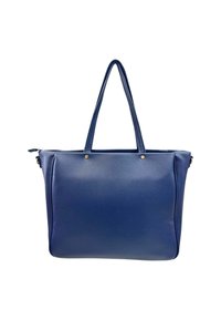 Borsa tote in pelle blu con due manici lunghi, texture liscia e quattro borchie dorate sul davanti. Design spazioso con chiusura zip.