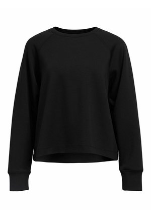 Črna majica s dolgimi raglan rokavi, okroglo ovratnico in rahlo skrajšanim robom. Narejena iz mešanice mehkega bombaža z gladko teksturo.