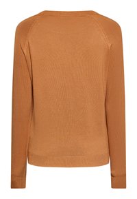 Langärmliger Pullover in einer warmen Bernsteinfarbe. Glatte Textur mit Rundhalsausschnitt sowie geripptem Saum und Bündchen. Einfaches, minimalistisches Design.