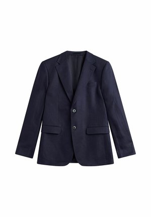 Marineblauwe enkelrijige blazer met twee knopen, inkeping revers, klepzakken en lange mouwen, plat gelegd op een witte achtergrond.