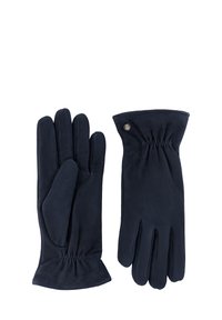 Pair of black suede gloves with gathered wrist detailing and a small round metal button on the cuff of one glove.