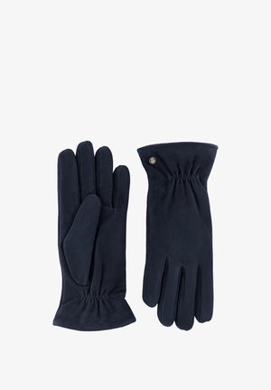 Pair of black suede gloves with gathered wrist detailing and a small round metal button on the cuff of one glove.