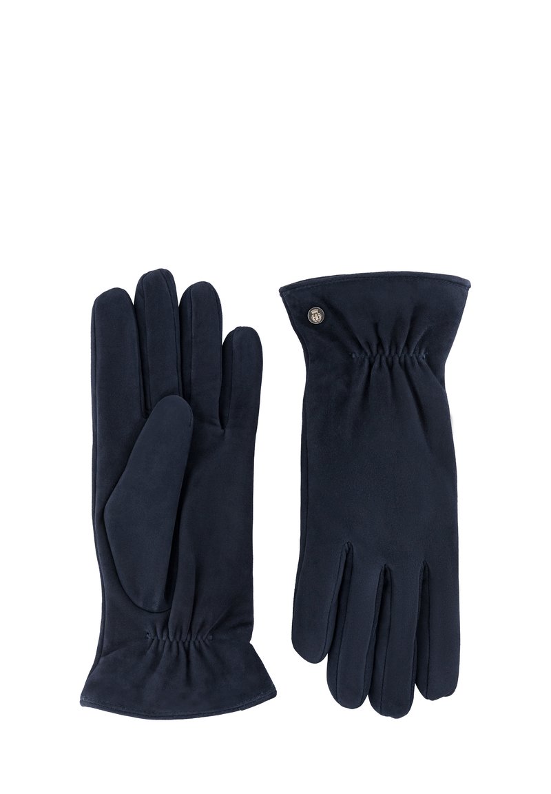 Pair of black suede gloves with gathered wrist detailing and a small round metal button on the cuff of one glove.