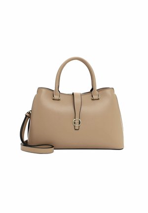 Beige Lederhandtasche mit strukturiertem Design, doppelten Tragegriffen, abnehmbarem Gurt, goldfarbener Hardware und einem Logo-Akzent auf der Vorderseite.