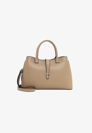 Sac à main en cuir beige au design structuré, avec anses supérieures doubles, une bandoulière amovible, des finitions en métal doré et un accent logo à l'avant.