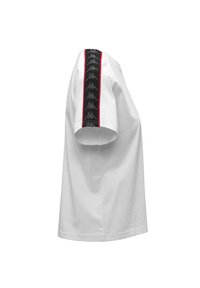 Camiseta de manga corta blanca con una franja negra y roja que presenta un patrón de logo de Kappa en el área del hombro y la manga.