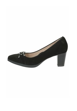 Pumps in suede nero con punta arrotondata, hardware decorativo in argento sulla tomaia e tacco a blocco textured. Rivestimento interno liscio.
