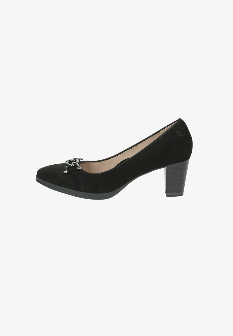 Fekete velúr magassarkú cipő kerek orral, díszítő ezüstszínű kiegészítővel a lábfejnél, valamint texturált tömbsarokkal. Simának érződő belső bélés.