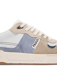 Beige und blaue Sneaker aus Leder und Wildleder. Zu den Merkmalen gehören weiße Akzente, ein Logo und eine strukturierte Sohle mit sichtbaren Nähten.