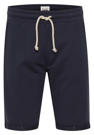 Sötétkék pamut sort, rugalmas derékkal, húzózsinórral és felhajtott szegéllyel. Egyszerű dizájn, további minták vagy díszítések nélkül.