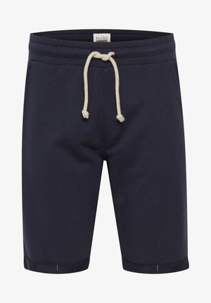 Sötétkék pamut sort, rugalmas derékkal, húzózsinórral és felhajtott szegéllyel. Egyszerű dizájn, további minták vagy díszítések nélkül.