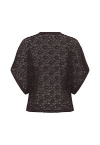Blouse noire à manches courtes, coupe ample, en dentelle florale transparente, vue de dos sur fond blanc.