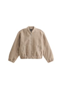 Beige fleece bomberjacka med dragkedja fram, ribbad mudd och fåll, samt sidofickor. Mjuk textur och avslappnad, strukturerad design.