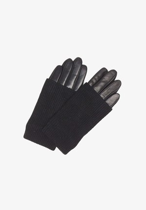Gants noirs avec un poignet en tricot côtelé et des doigts en cuir lisse. Le design présente une transition sans couture entre les matériaux.
