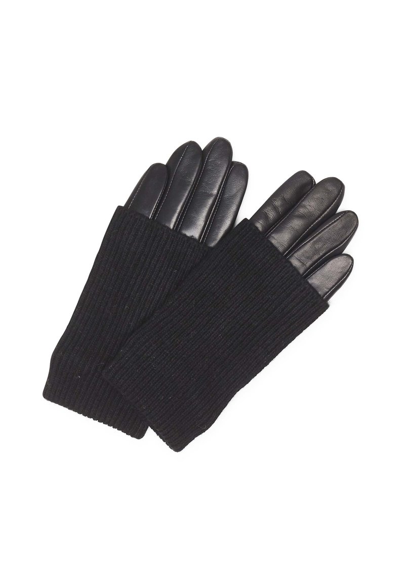 Gants noirs avec un poignet en tricot côtelé et des doigts en cuir lisse. Le design présente une transition sans couture entre les matériaux.