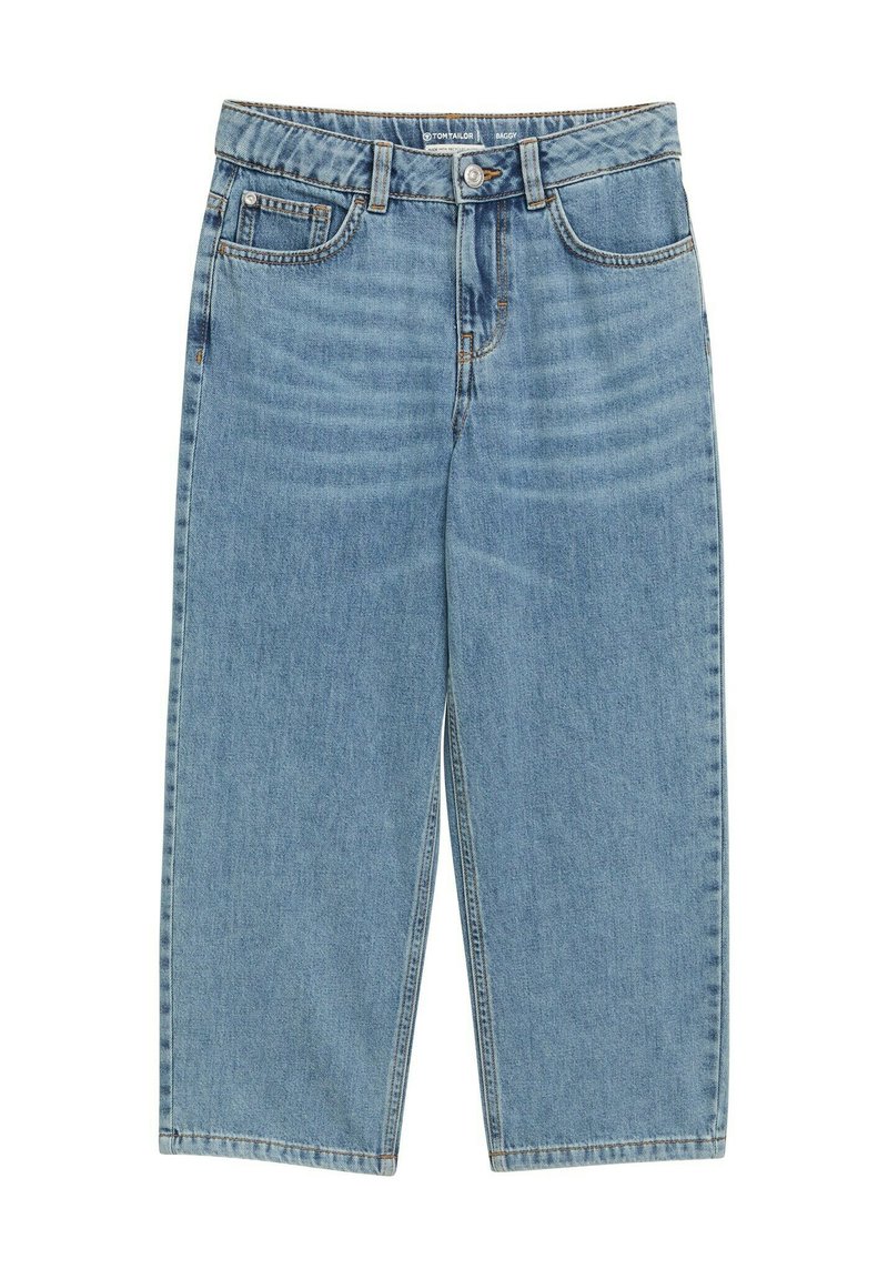 Pantalones de mezclilla baggy de color azul claro, con una cintura alta, cinco bolsillos y perneras rectas con dobladillos sin rematar.