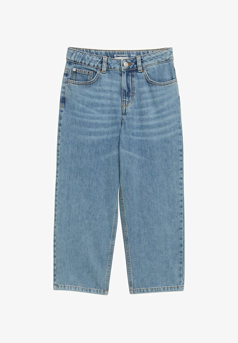 Lichtblauwe baggy jeans van denim, met een hoge taille, vijf zakken en een rechte pijp met onafgewerkte zomen.