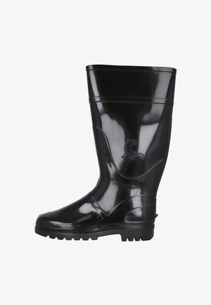 Bota de goma negra impermeable con un diseño ligeramente curvado, suela texturizada y logo en relieve en el costado. Superficie lisa y brillante.
