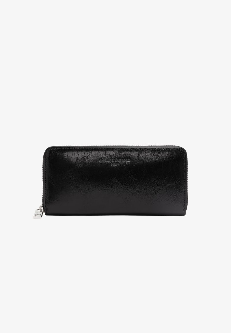 Portefeuille en cuir noir avec une finition texturée, fermeture zippée et accents en métal argenté. Il possède une forme rectangulaire mince.