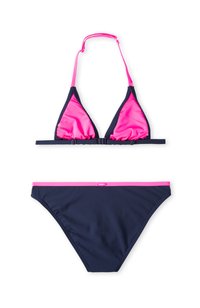 Set di bikini blu navy con top a triangolo con dettagli rosa e spalline regolabili; parte bassa coordinata con vita rosa. Tessuto morbido.