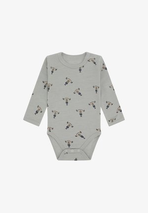 Body bébé gris à manches longues avec des illustrations d'une personne soulevant une barre de musculation imprimées sur tout le tissu.