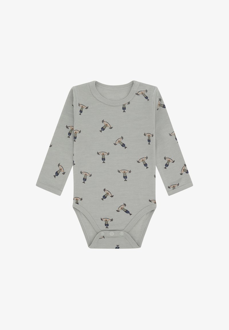 Body neonato a maniche lunghe grigio con illustrazioni di una persona che solleva un bilanciere stampate su tutto il tessuto.