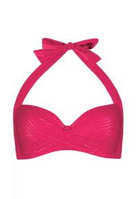 Różowy bikini top w stylu bandeau z wiązaniem na szyi, ozdobiony kokardą, z fakturowanym wzorem fal oraz skręconym detalem z przodu.