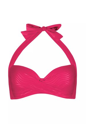 Różowy bikini top w stylu bandeau z wiązaniem na szyi, ozdobiony kokardą, z fakturowanym wzorem fal oraz skręconym detalem z przodu.