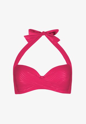 Różowy bikini top w stylu bandeau z wiązaniem na szyi, ozdobiony kokardą, z fakturowanym wzorem fal oraz skręconym detalem z przodu.