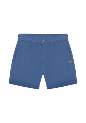 Pantaloncini di cotone blu con tasche frontali, passanti per cintura, chiusura con bottone e piccolo patch con logo marrone sul lato destro.