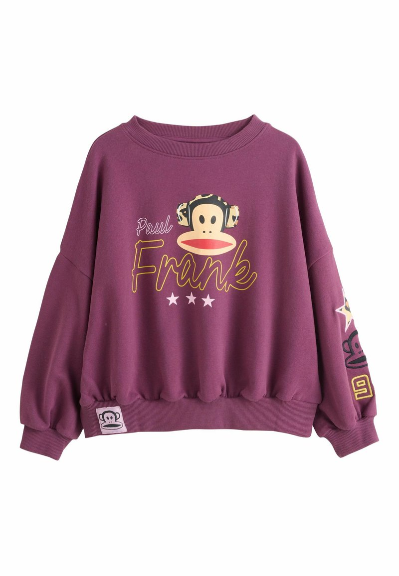 Hanorac mov cu guler rotund, croi supradimensionat, cu un grafic de maimuță și textul "Paul Frank". Tiv și manșete cu nervuri și detaliu logo.