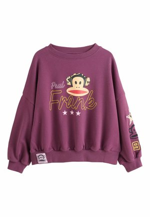 Purple sweatshirt with a crew neck, oversized fit, featuring a monkey graphic and the text "Paul Frank." Ribbed hem and cuffs with logo detail.