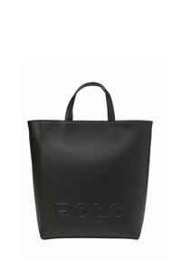 Sac fourre-tout en cuir noir au design minimaliste, avec deux poignées et un logo "POLO" embossé à l'avant. Texture lisse, forme carrée.