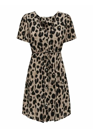 Robe en imprimé léopard avec manches courtes, décolleté en V, fermeture à boutons à l'avant et ceinture à nouer à la taille. Fabriquée en tissu léger.