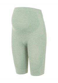 Mintgröna graviditetscykelshorts gjorda av mjukt, elastiskt material med en stödjande hög midja och texturerade prestandapaneler.
