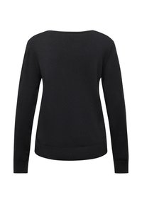 Schwarzer Pullover mit langen Ärmeln und weitem Ausschnitt, gefertigt aus weichem Stoff mit glatter Textur und geripptem Saum.