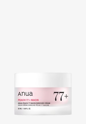 Pot de crème Anua Peach 77 enrichie en niacinamide avec couvercle blanc, étiquette rose, et texte en noir et rouge, format 50 ml.