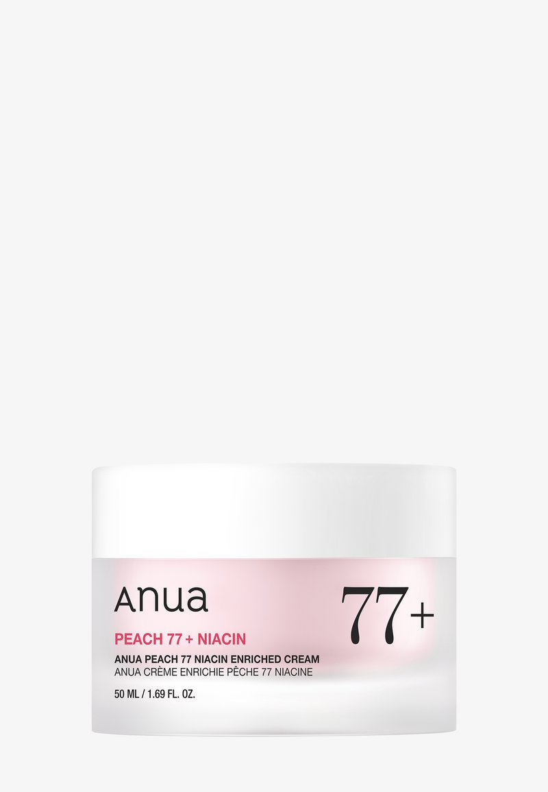 Pot de crème Anua Peach 77 enrichie en niacinamide avec couvercle blanc, étiquette rose, et texte en noir et rouge, format 50 ml.