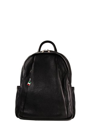 Black textured leather backpack with top handle, front zippered pocket, and small Italian flag zipper pull, isolated on white background.