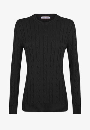 Schwarzer Strickpullover mit Kabelmuster, rundem Halsausschnitt, langen Ärmeln sowie gerippten Bündchen und Saum. Aus strukturiertem Stoff gefertigt.