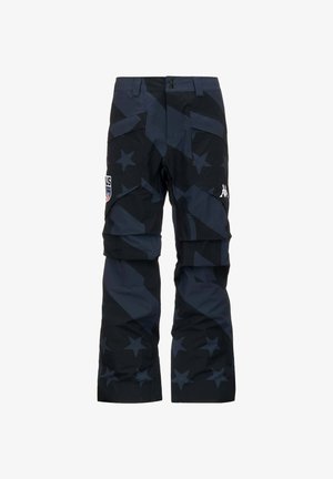 Pantaloni da neve della marina con motivo a stelle, realizzati in tessuto resistente, dotati di due tasche frontali, chiusura con bottone e logo bianco sul lato.